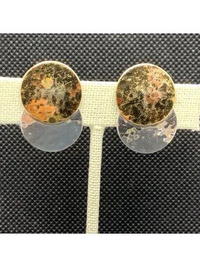 Round Hammered Disc Two Tone Earrings 925 Sterling Silver 1.25" Long